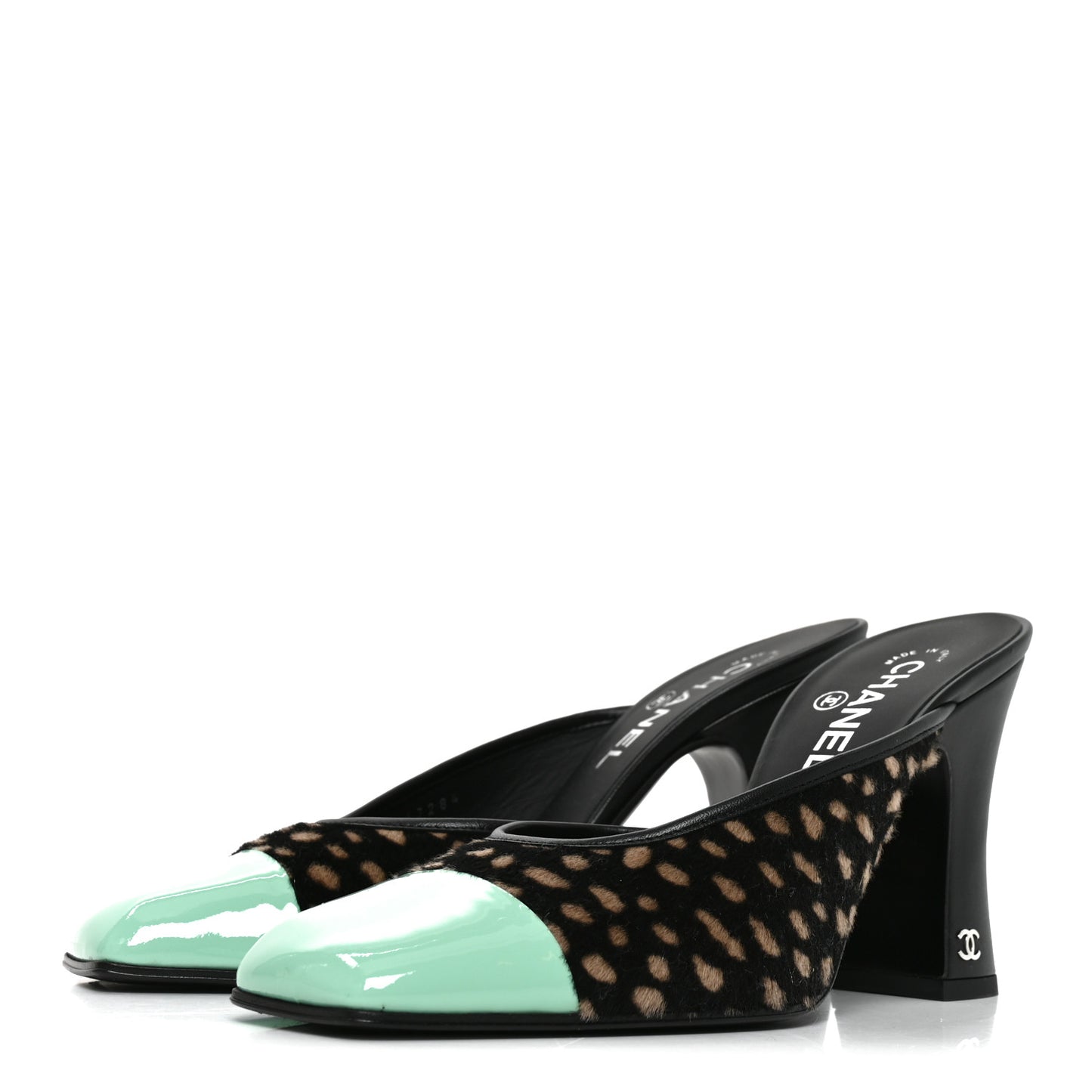 Pony Hair Lambskin Patent Calfskin Cap Toe Mules 39 Black White Green