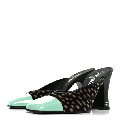 Chanel Pony Hair Lambskin Patent Calfskin Cap Toe Mules 39 Black White Green 3 of 8