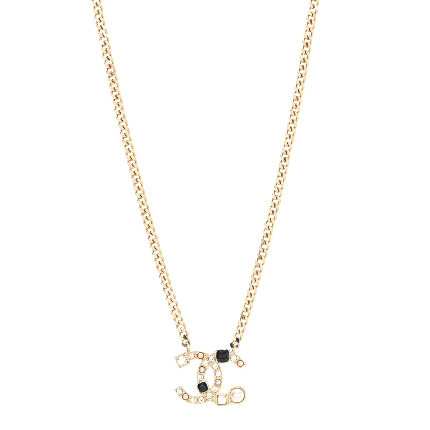 Chanel Crystal Pearl Resin CC Chain Necklace Gold Pearly White Black 1 of 5