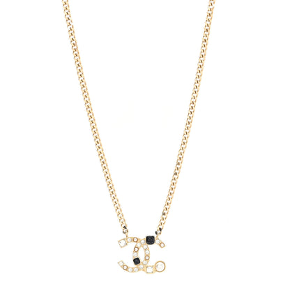 Chanel Crystal Pearl Resin CC Chain Necklace Gold Pearly White Black 1 of 5