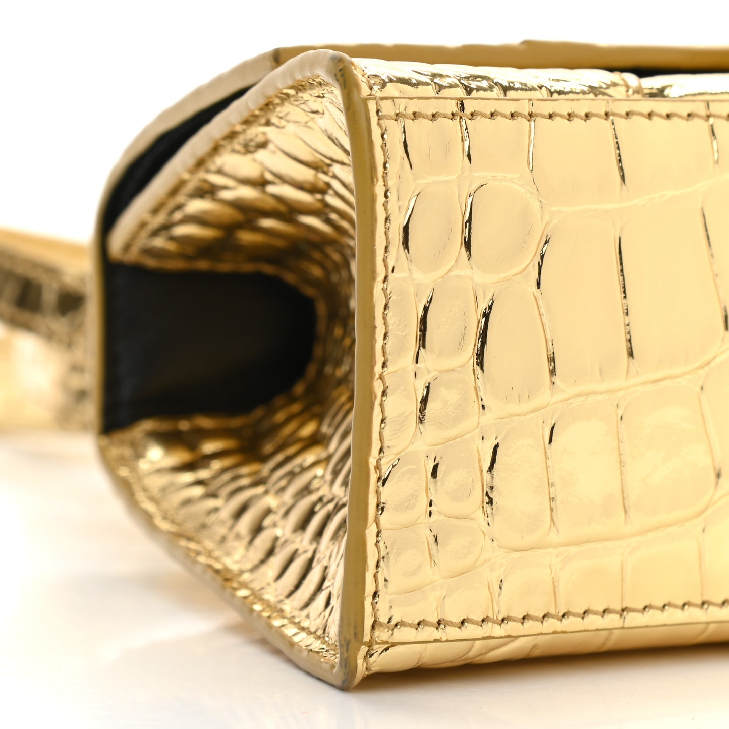 Metallic Calfskin Crocodile Embossed Hourglass Top Handle Bag XS Gold