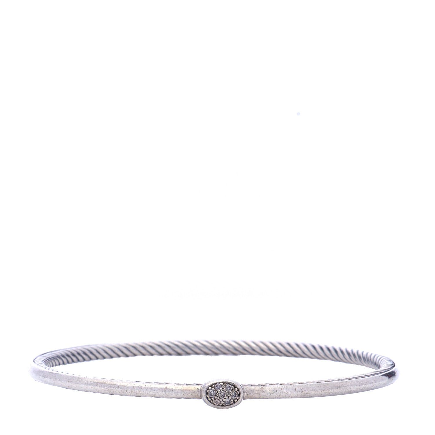 David Yurman Sterling Silver Pave Diamond 3mm Cable Wire Oval Bangle 1 of 5