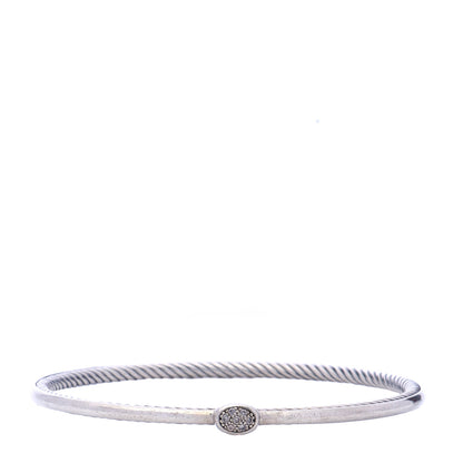 David Yurman Sterling Silver Pave Diamond 3mm Cable Wire Oval Bangle 1 of 5
