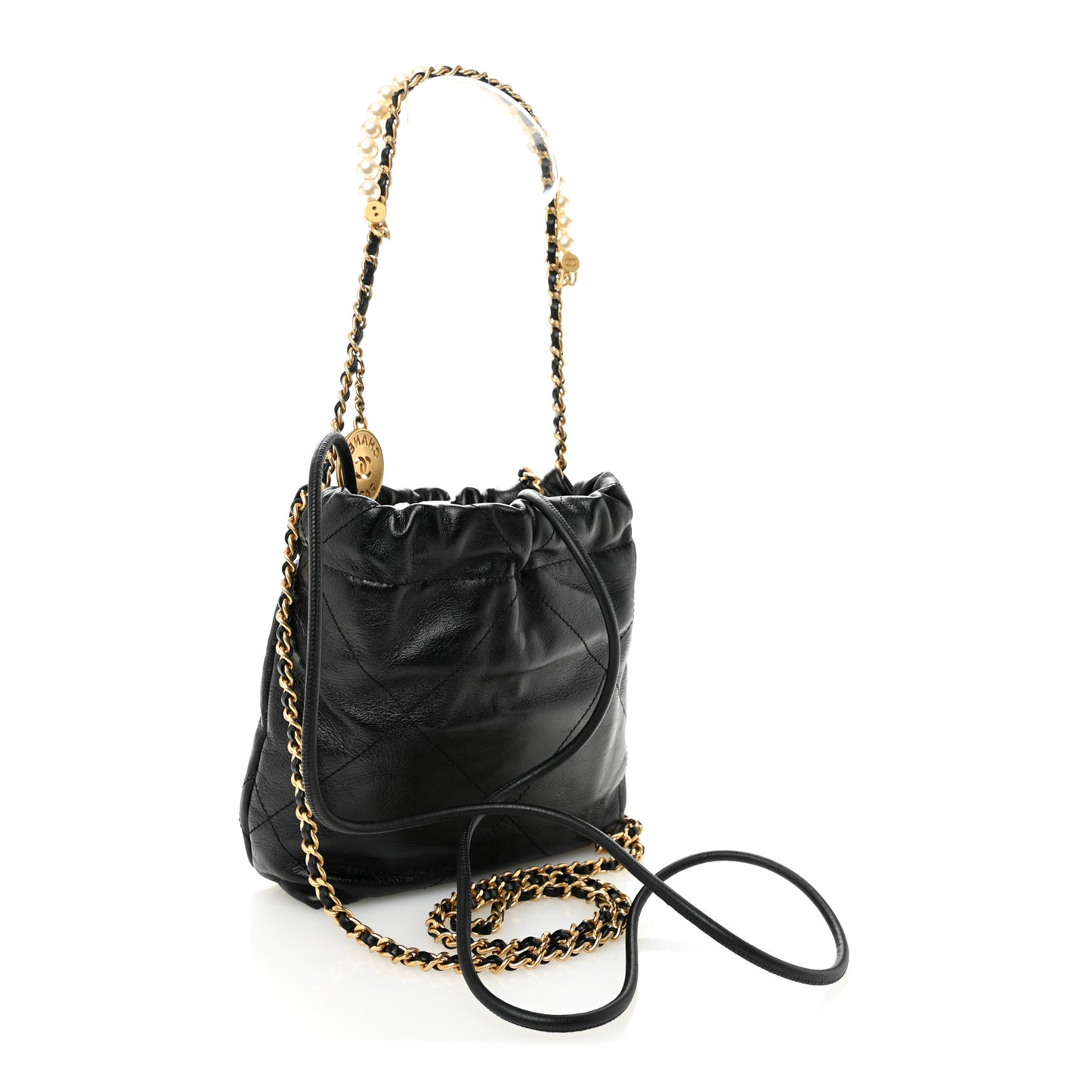 Shiny Crumpled Calfskin Quilted Pearl Mini Chanel 22 Black