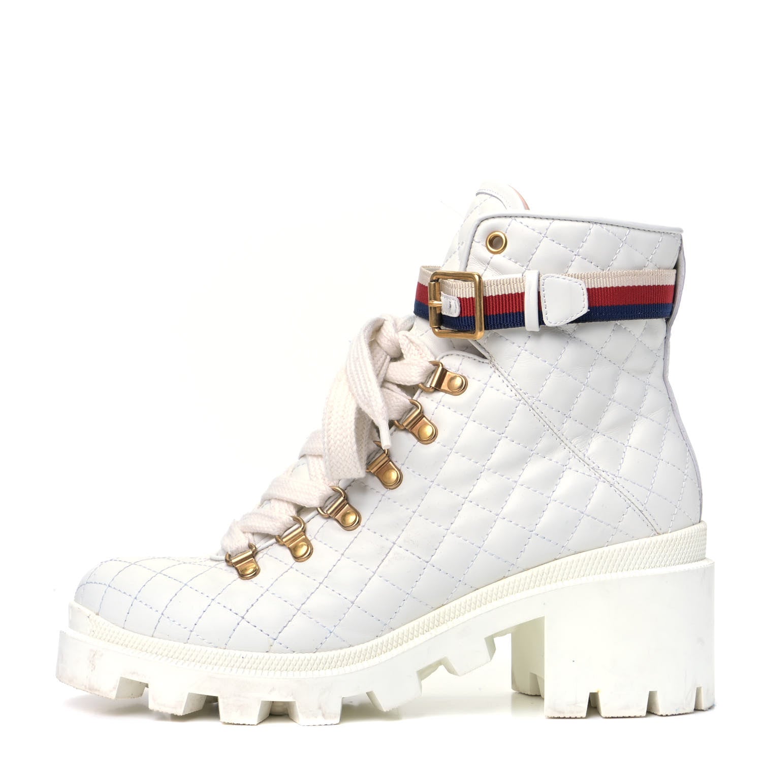 Gucci Calfskin Quilted Sylvie Web Lace Up Combat Ankle Boots 39.5 White 1 of 5