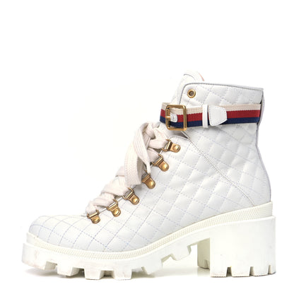 Gucci Calfskin Quilted Sylvie Web Lace Up Combat Ankle Boots 39.5 White 1 of 5