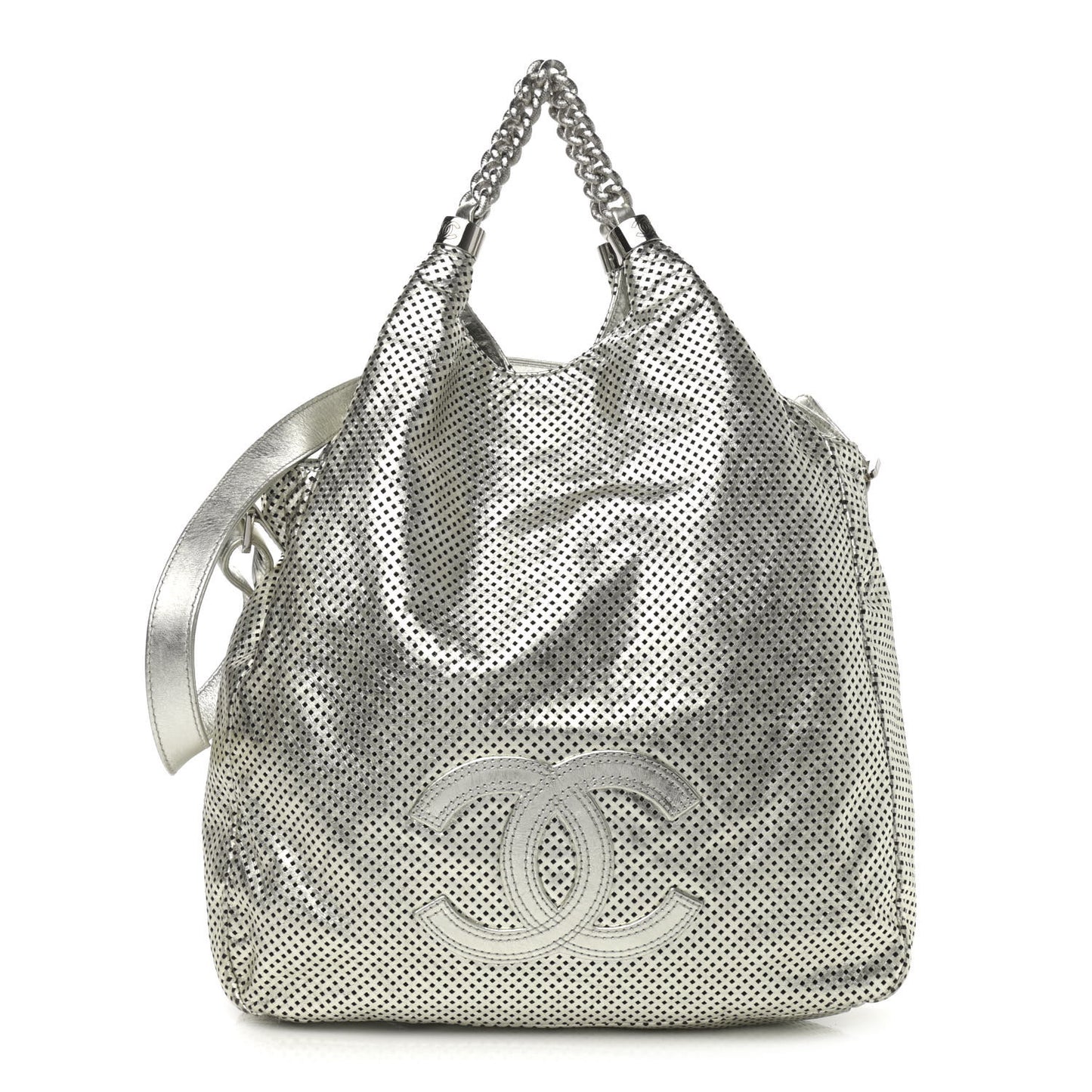 Metallic Glazed Calfskin Perforated Medium Rodeo Drive Tote Silver