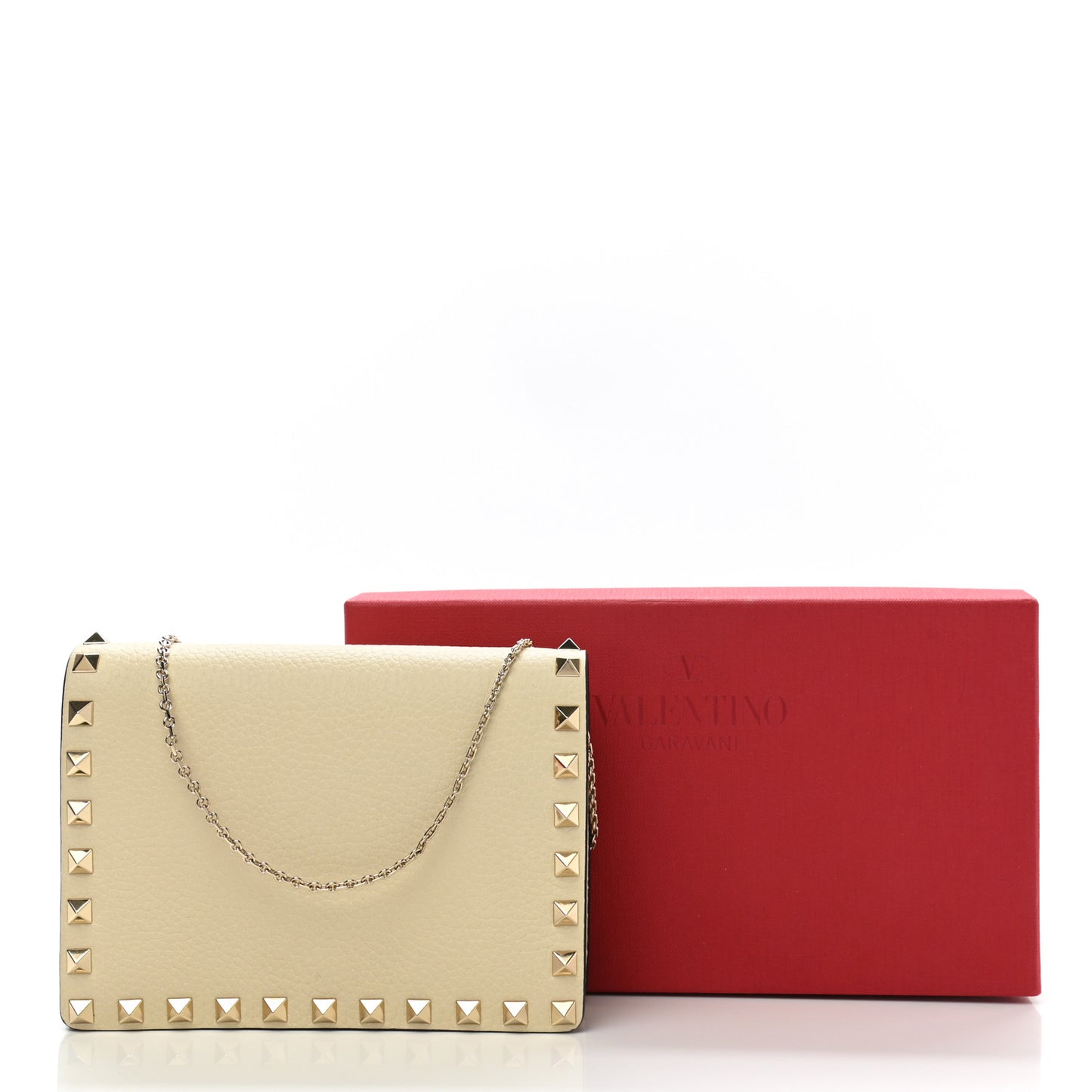Pebbled Calfskin Rockstud Wallet on Chain Light Ivory