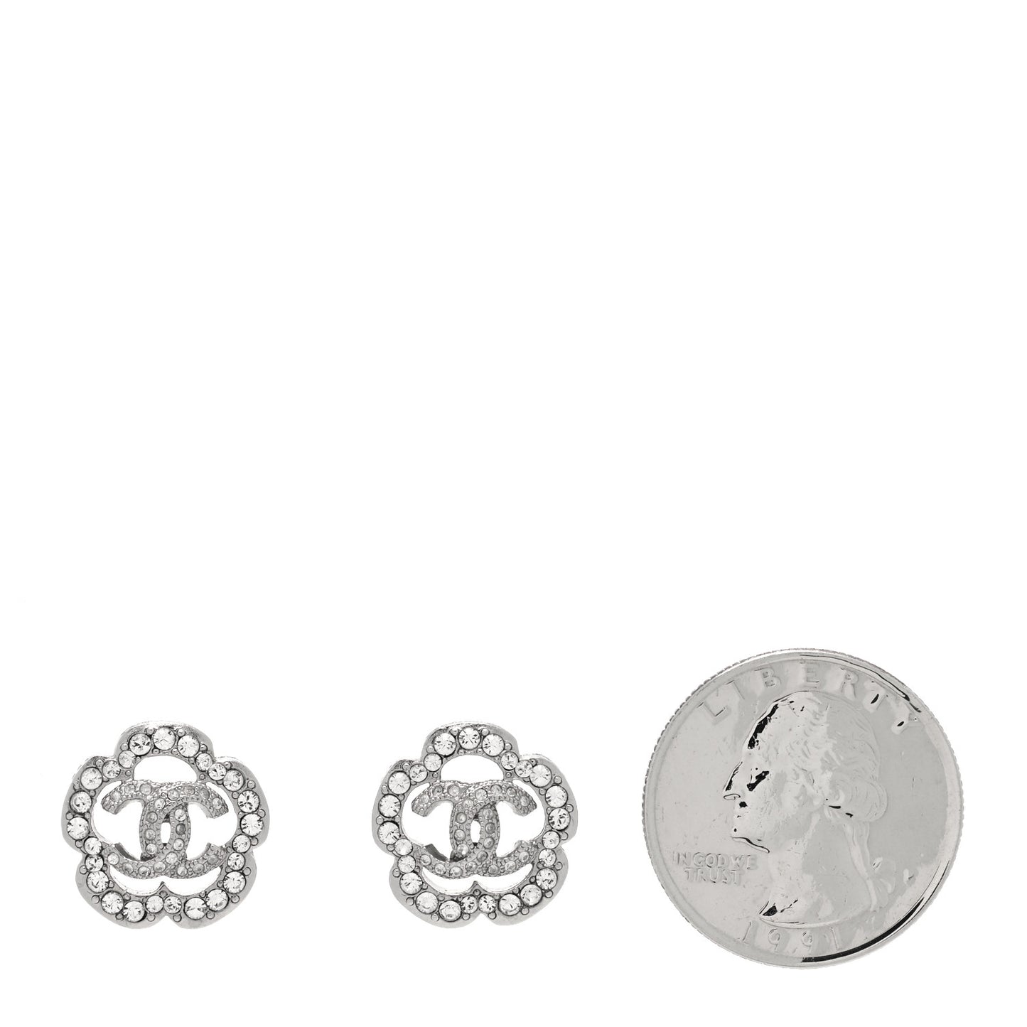 Crystal Coco Flapper Camellia CC Stud Earrings Silver