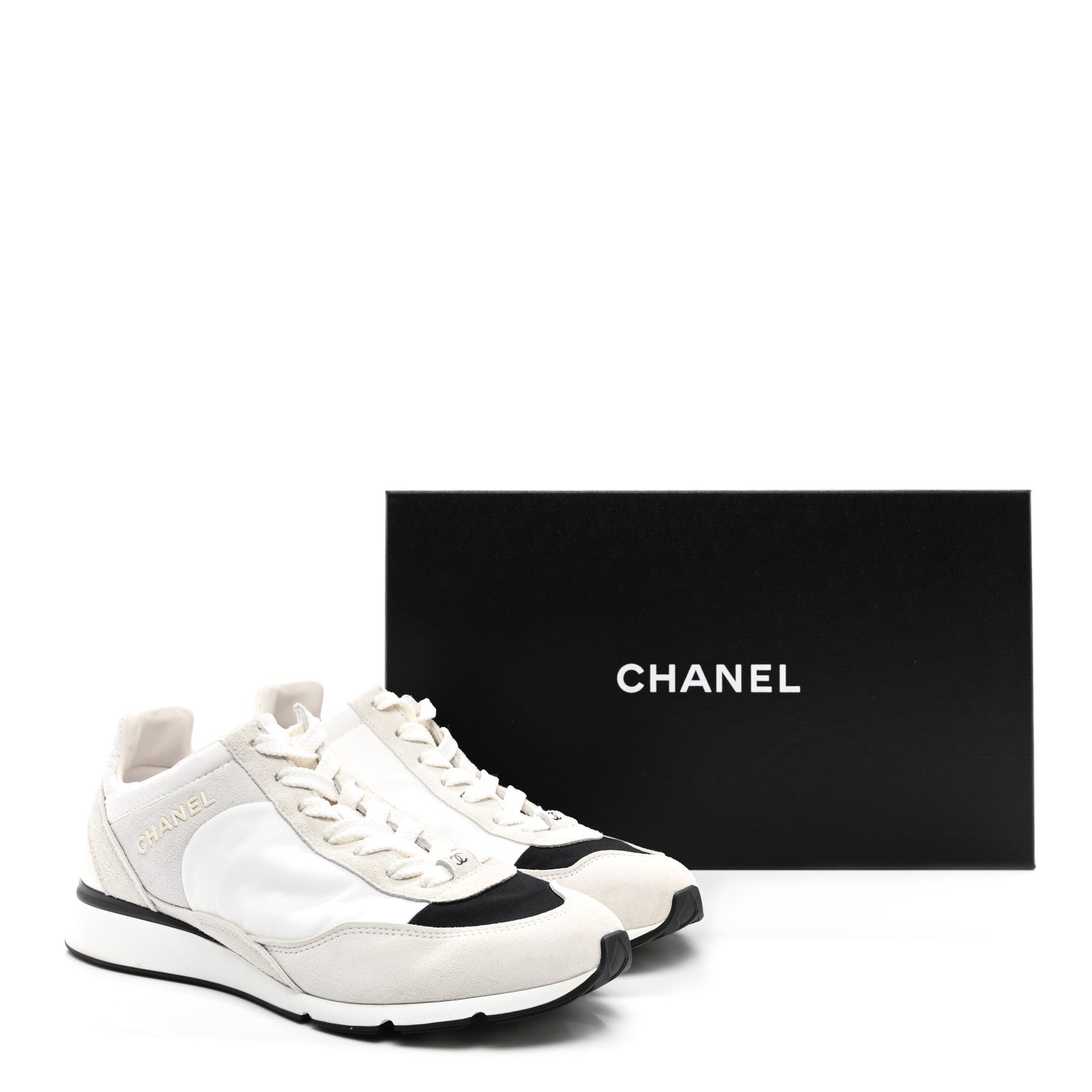 Chanel Nylon Suede Kidskin Calfskin Logo Sneakers 39.5 White Black 9 of 9