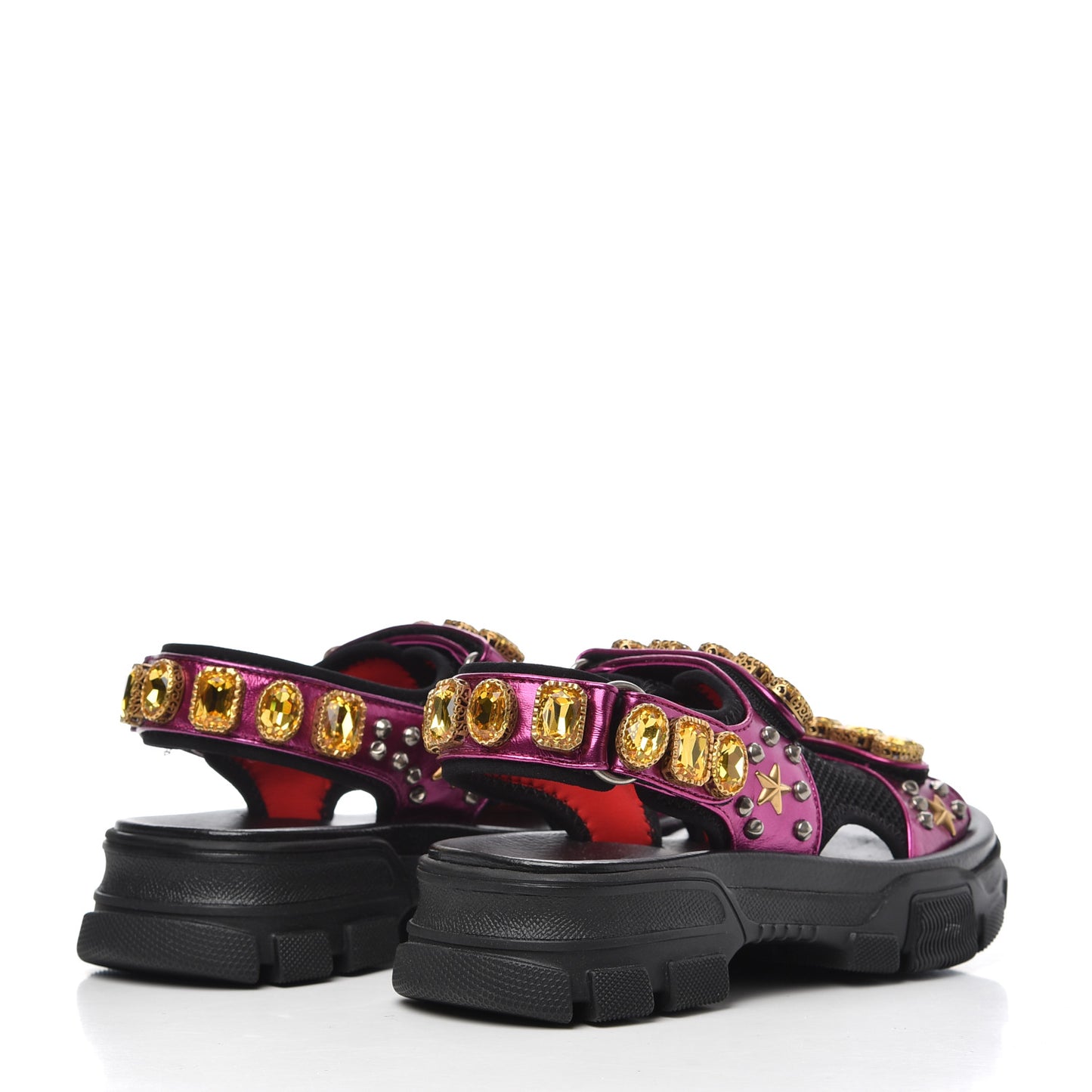 Nappa Mesh Crystal Embellished Studded Womens Aguru Sandals 36 Pink Black