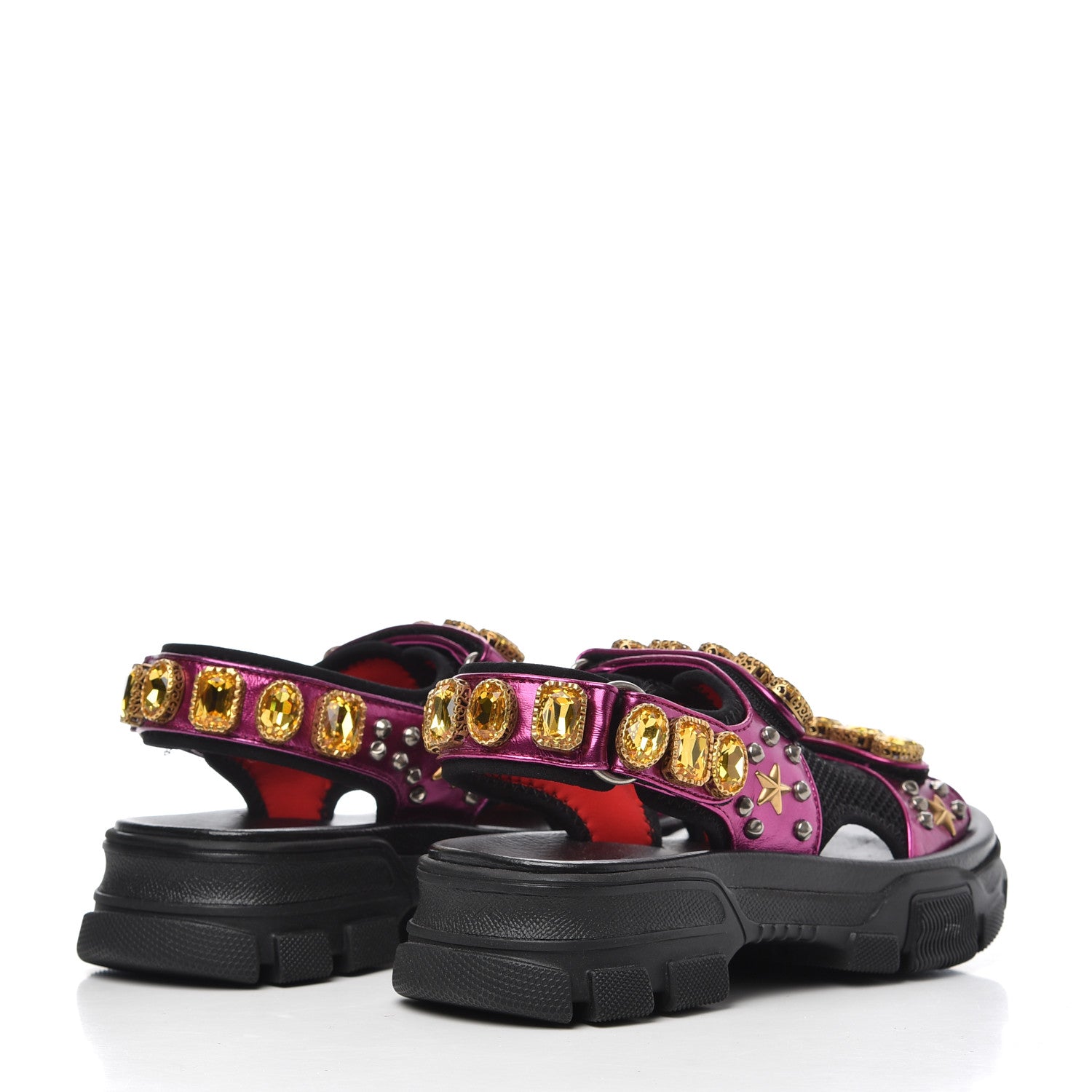 Gucci Nappa Mesh Crystal Embellished Studded Womens Aguru Sandals 36 Pink Black 4 of 9