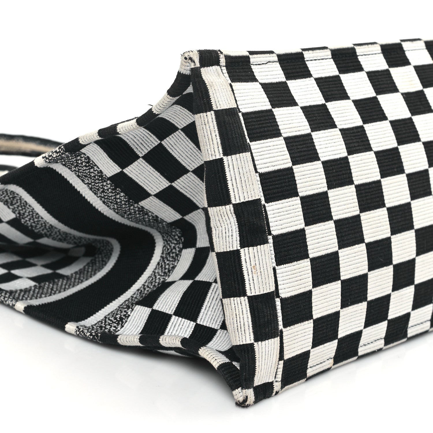 Christian Dior Canvas Embroidered Checkered Book Tote Black White 9 of 14