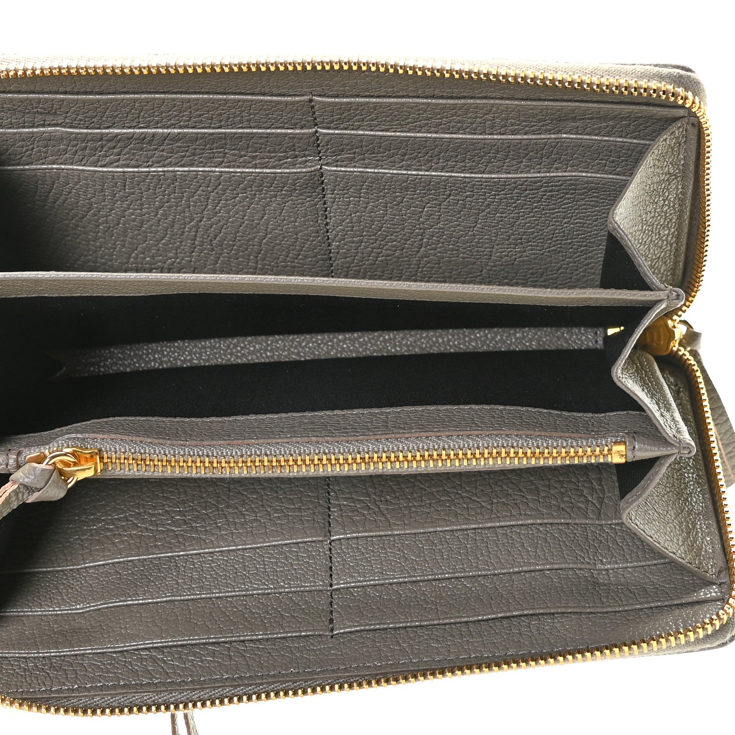 Chevre Gold Metallic Edge Hardware Zip Around Wallet Gris Taupe
