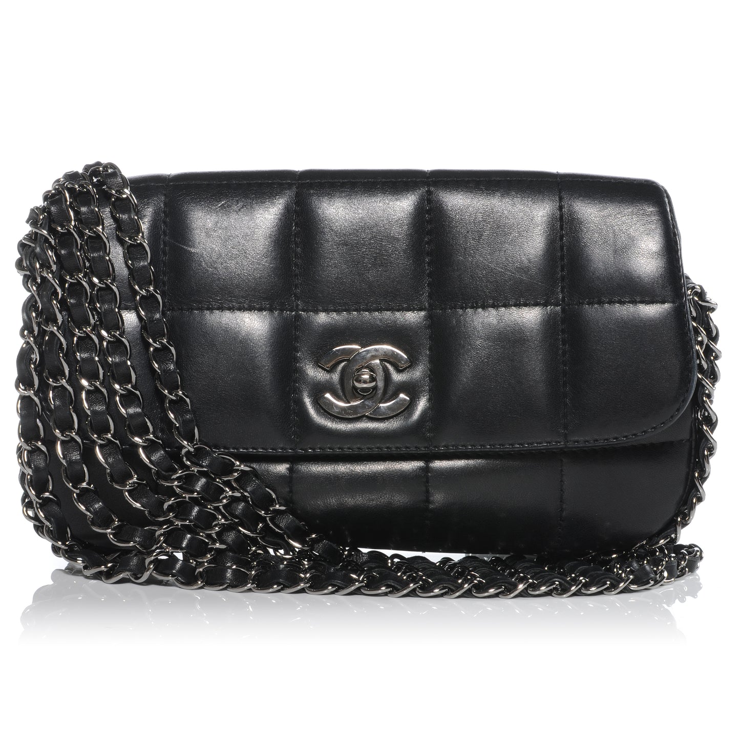 Chocolate Bar Quilted Lambskin 5 Chain Flap Black