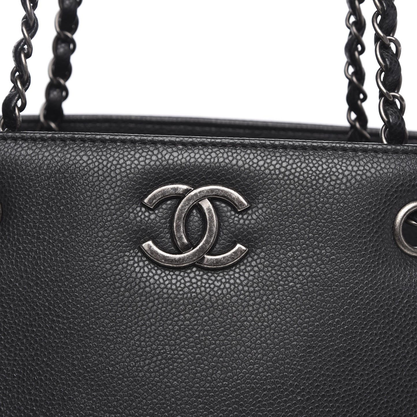Metallic Grained Calfskin Woven Chain Large Shopping Bag Black