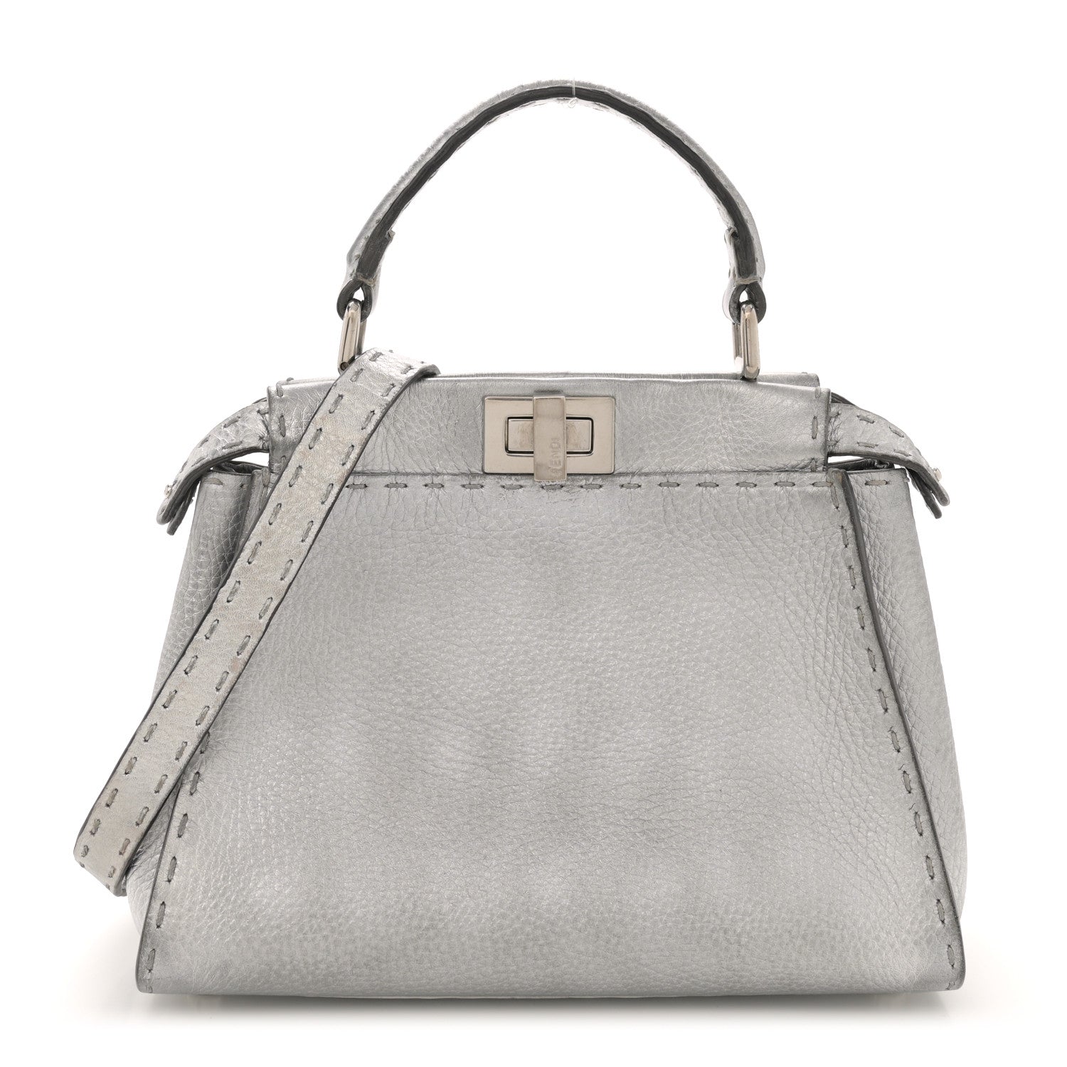 Fendi Cuoio Romano Lux Selleria Mini Peekaboo Iconic Satchel Argento 1 of 15