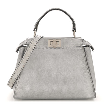 Fendi Cuoio Romano Lux Selleria Mini Peekaboo Iconic Satchel Argento 1 of 15