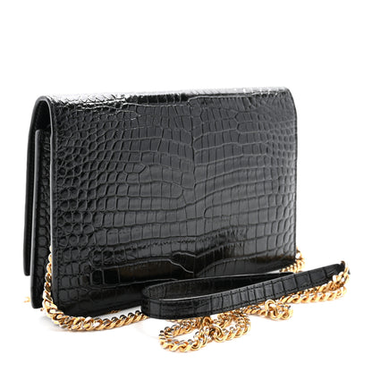 Saint Laurent Calfskin Crocodile Embossed Kate Monogram Tassel Chain Wallet Black 3 of 9