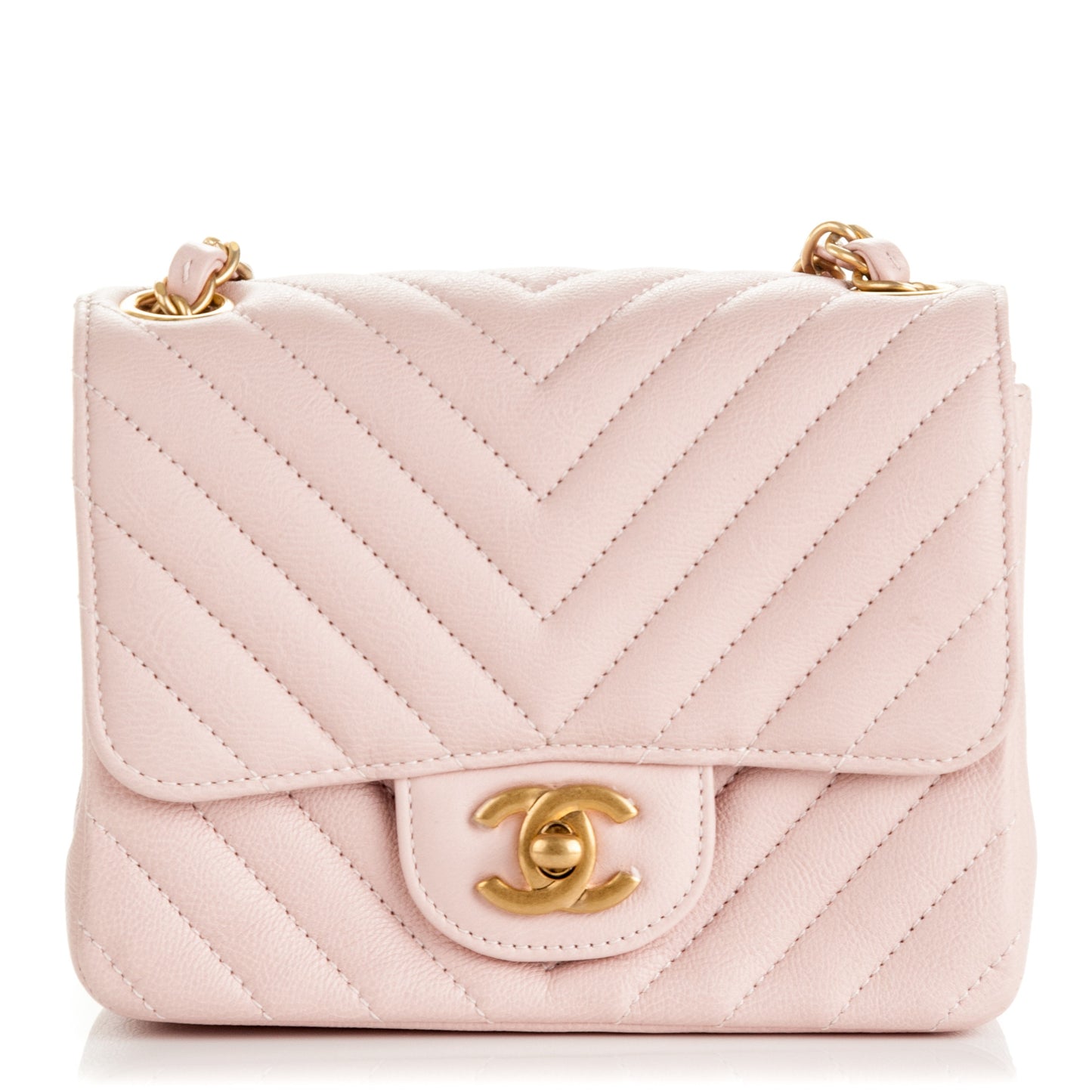 Calfskin Chevron Quilted Mini Square Flap Light Pink
