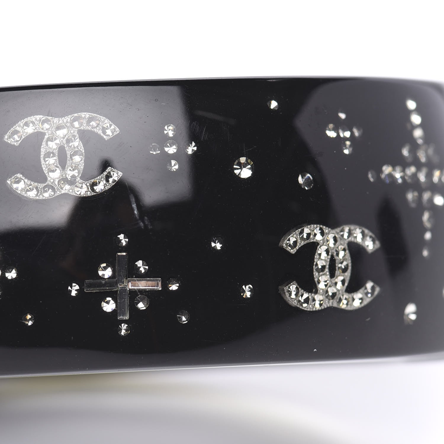 Chanel Resin Crystal Cuff Bangle Bracelet Black 5 of 6