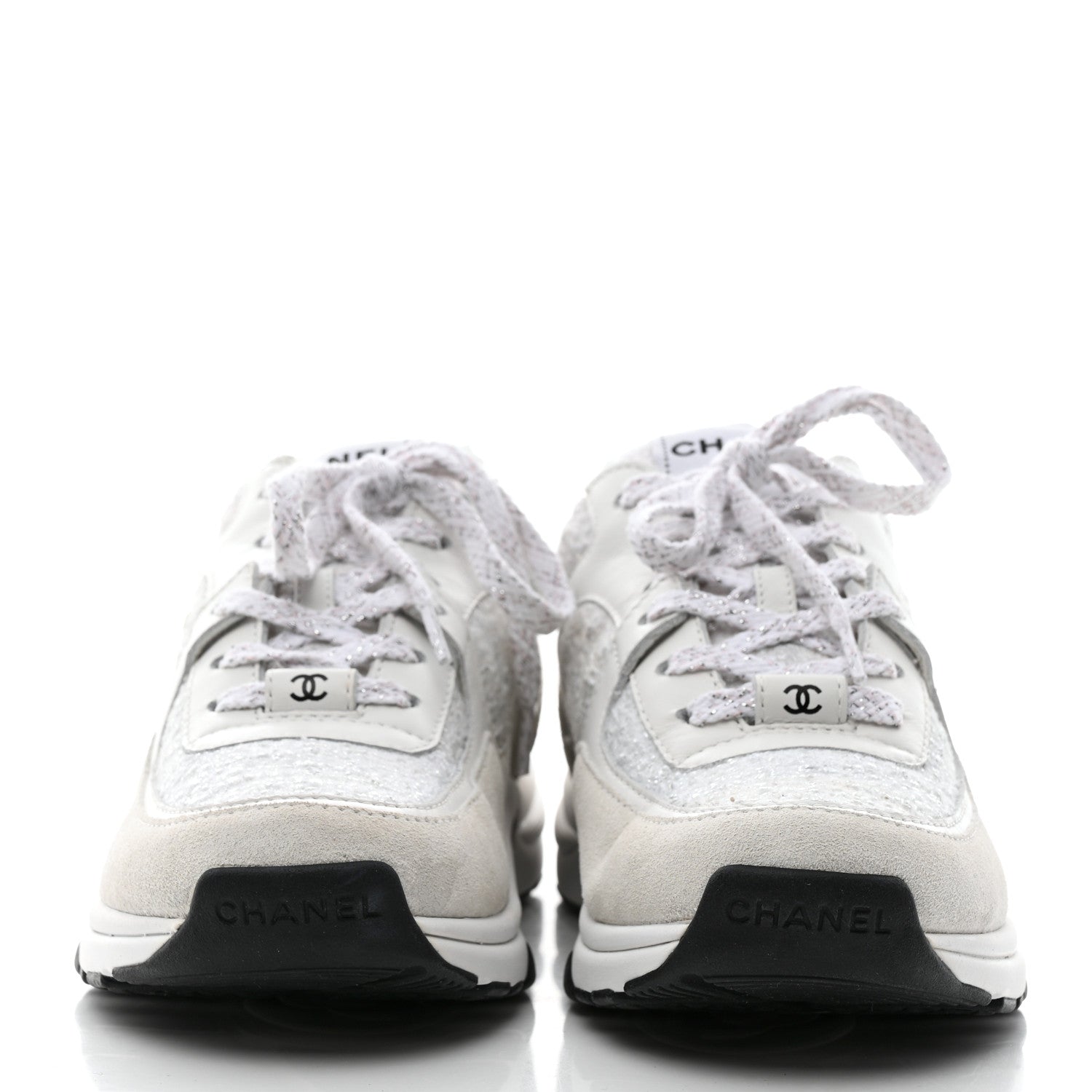 Chanel Painted Iridescent Cotton Tweed Suede Womens CC Sneakers 37 White Silver Multicolor 2 of 11