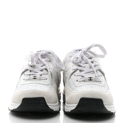 Chanel Painted Iridescent Cotton Tweed Suede Womens CC Sneakers 37 White Silver Multicolor 2 of 11