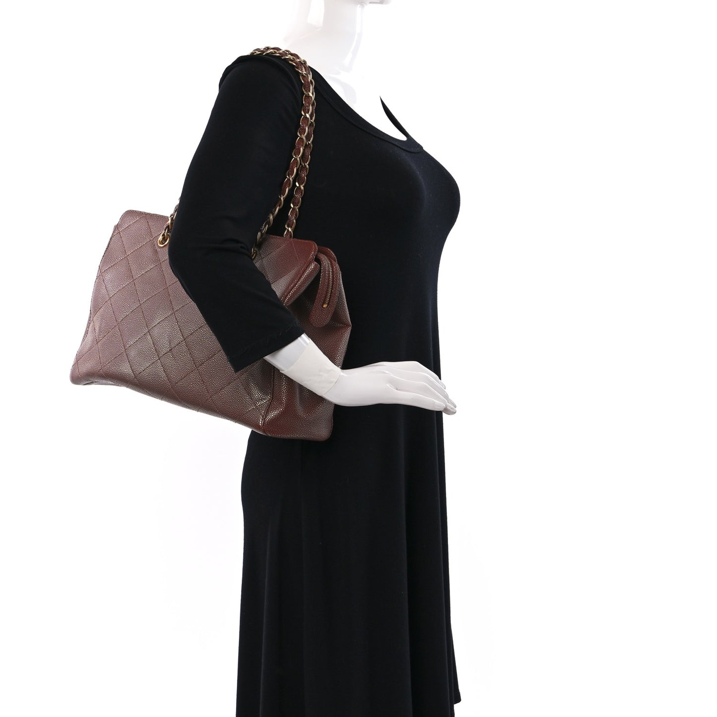 Metallic Caviar Quilted Shopping Tote Brown