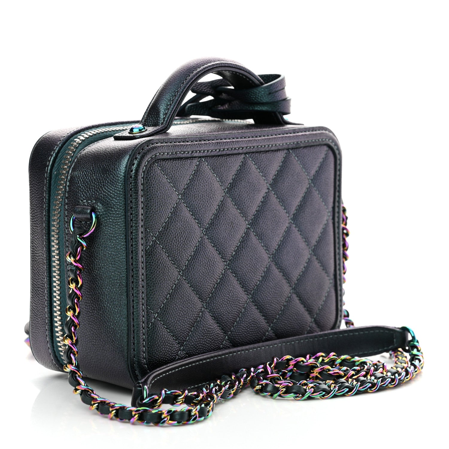 Chanel Iridescent Caviar Quilted Small CC Filigree Vanity Case Dark Turquoise 3 of 11