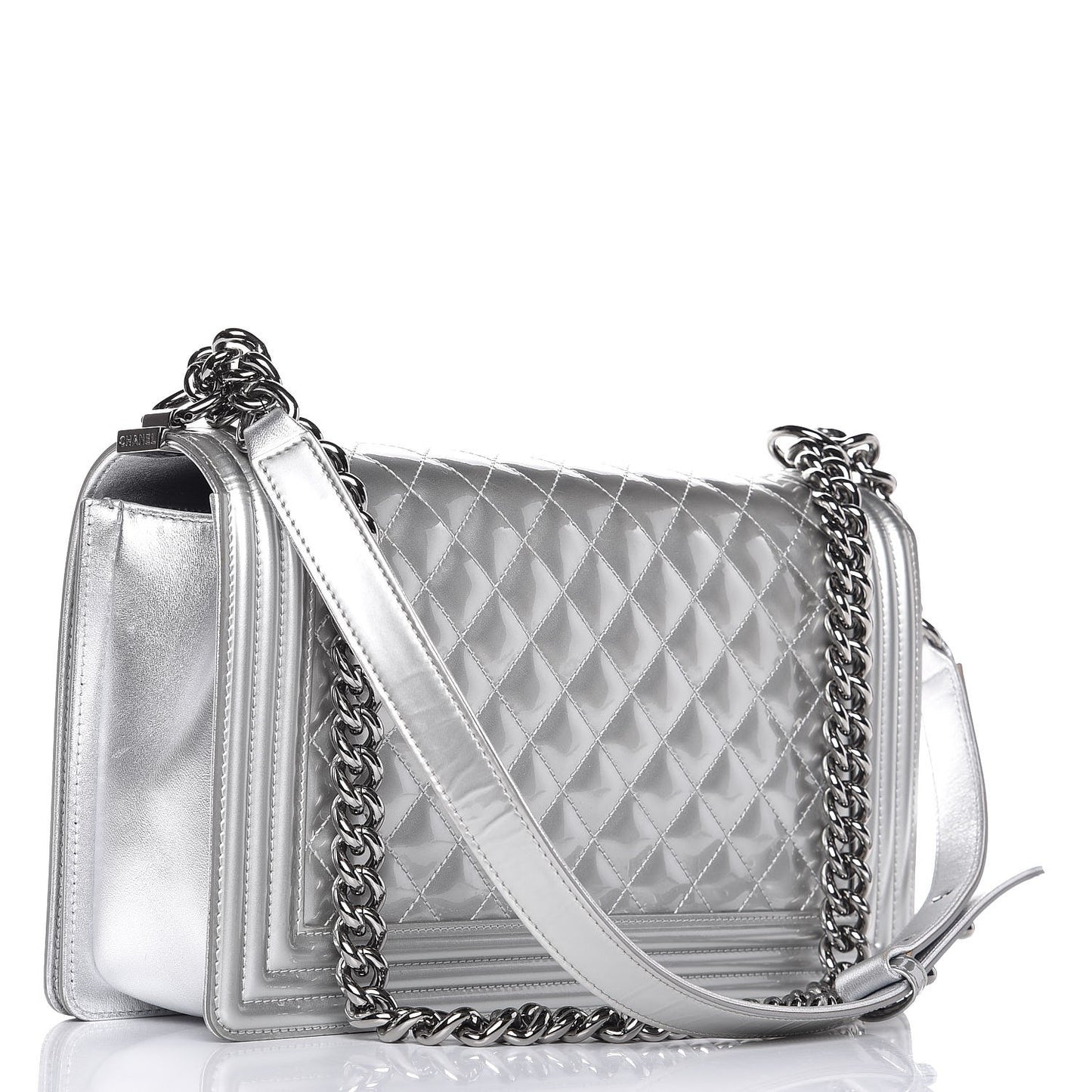 Metallic Patent Quilted New Medium Boy Flap Silver