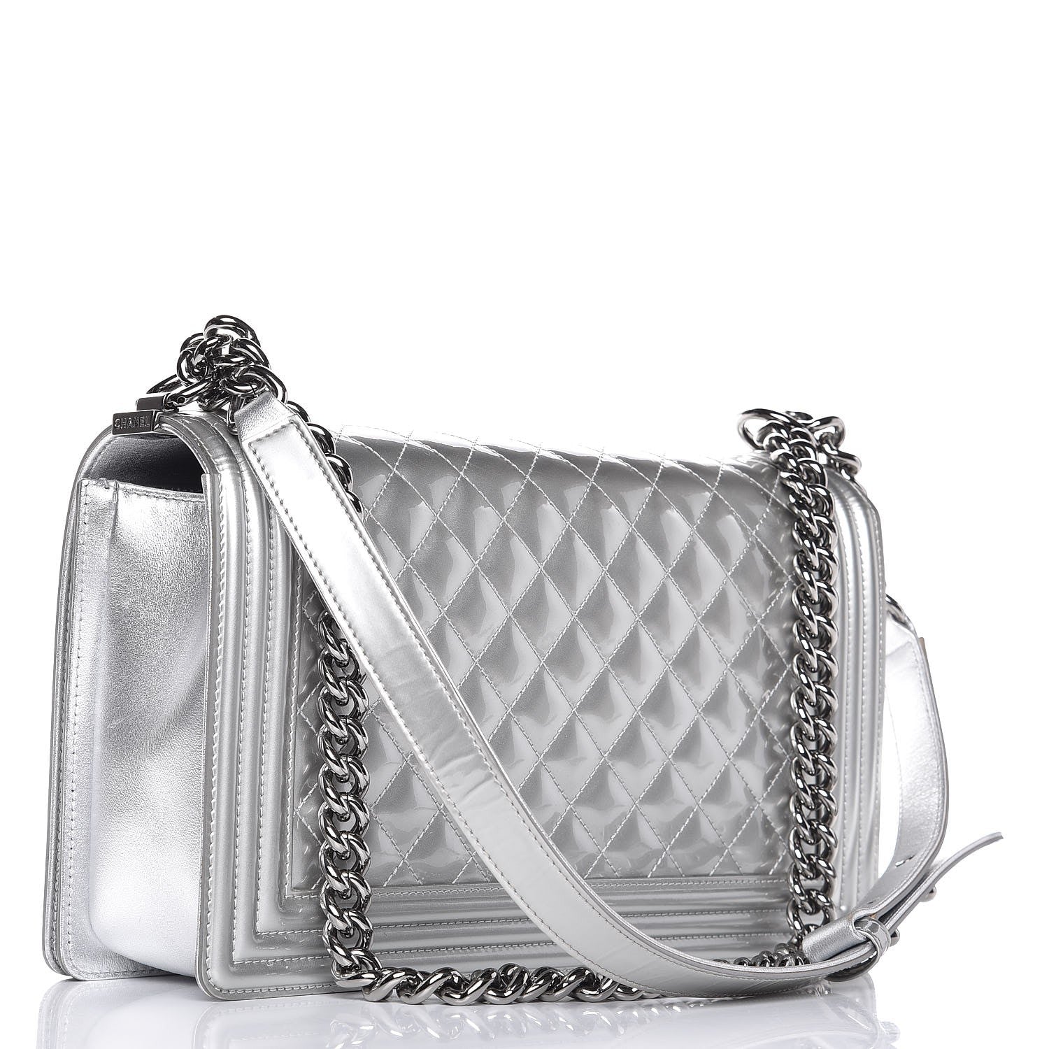 Chanel Metallic Patent Quilted New Medium Boy Flap Silver 3 of 12