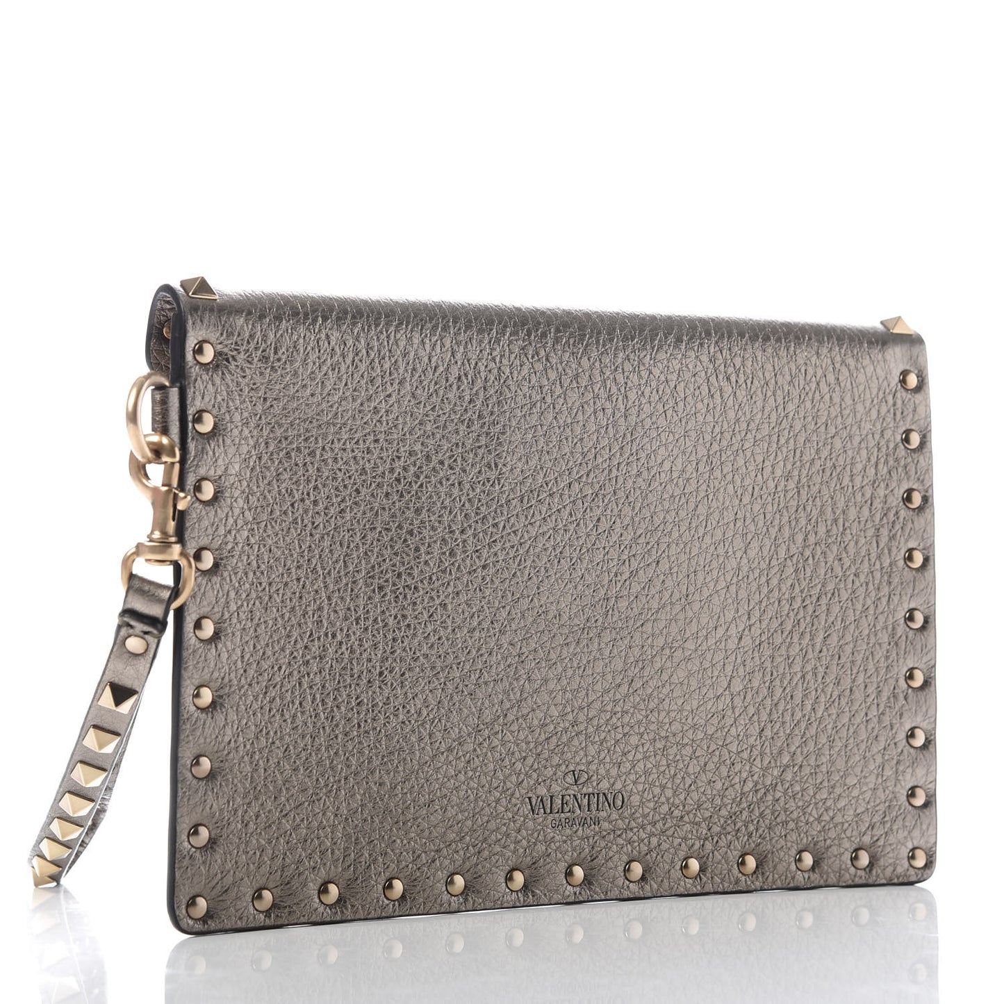 Metallic Pebbled Calfskin Medium Rockstud Envelope Flat Wristlet Pouch Sasso