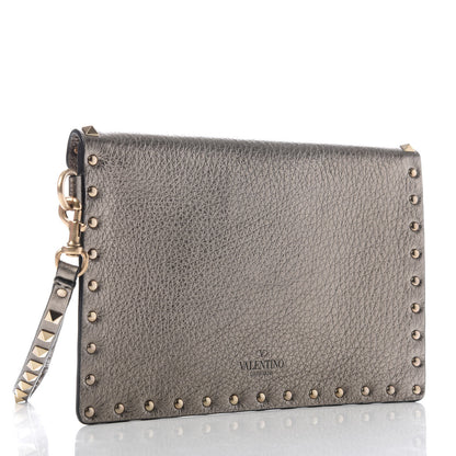 Valentino Garavani Metallic Pebbled Calfskin Medium Rockstud Envelope Flat Wristlet Pouch Sasso 3 of 7