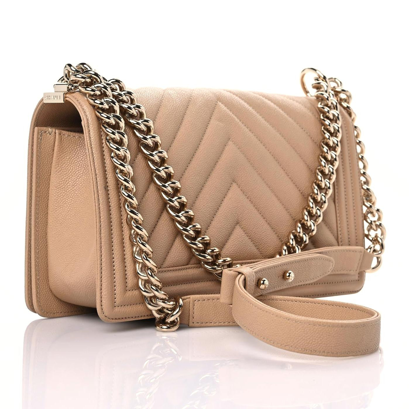 Caviar Chevron Quilted Medium Boy Flap Dark Beige
