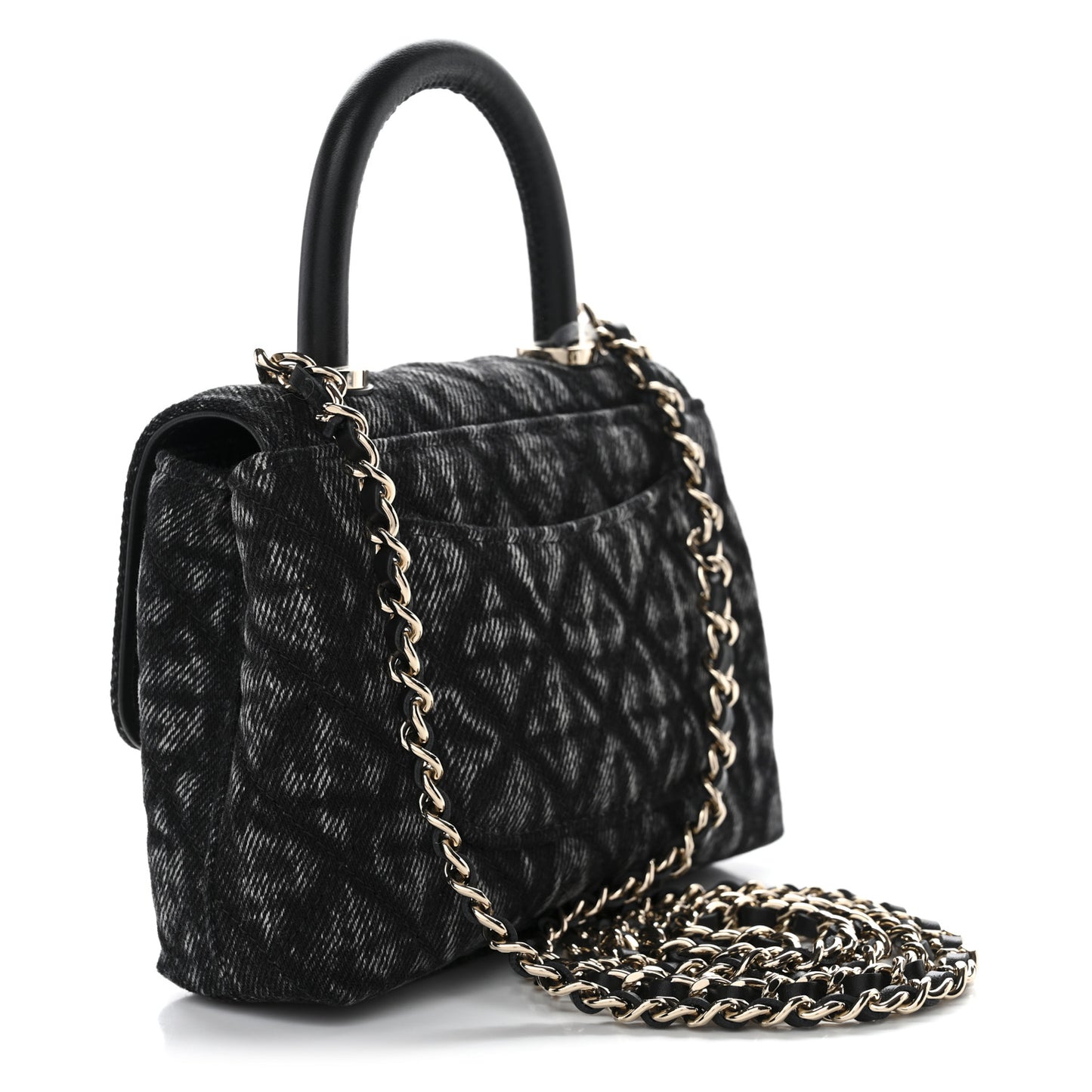 Washed Denim Quilted Coco Handle Clutch With Chain Black