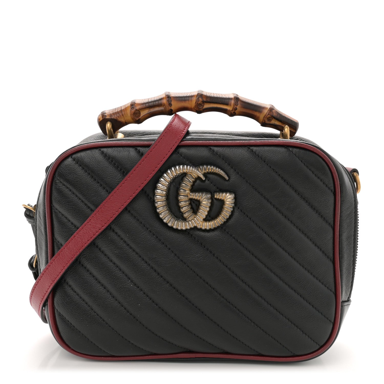 Gucci Vintage Effect Calfskin Matelasse Diagonal Small Torchon GG Marmont Bamboo Top Handle Shoulder Bag Black Romantic Cherry 1 of 11