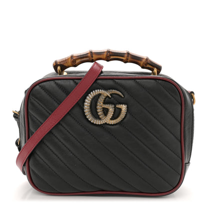 Gucci Vintage Effect Calfskin Matelasse Diagonal Small Torchon GG Marmont Bamboo Top Handle Shoulder Bag Black Romantic Cherry 1 of 11