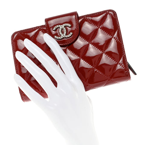 Patent Quilted Brilliant Zipped Pocket Wallet Dark Red