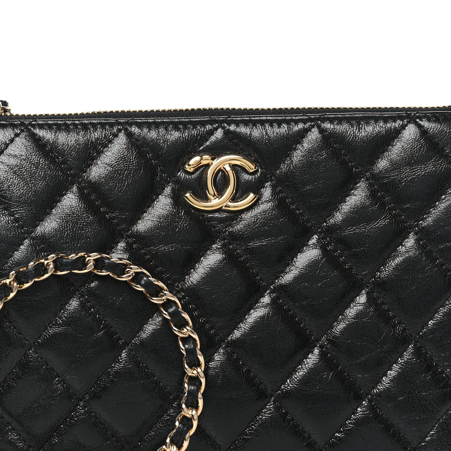 Shiny Crumpled Calfskin Quilted Clutch Bag Black