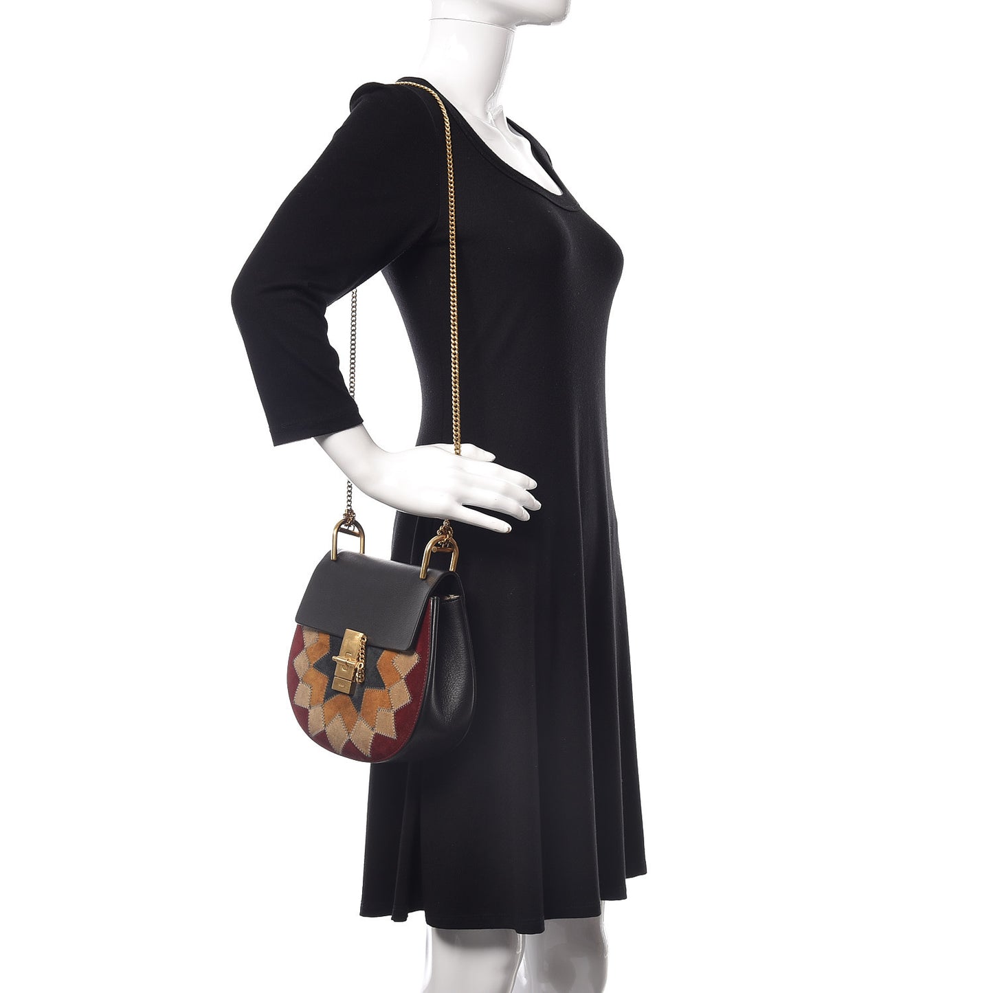 Suede Calfskin Wonder Woman Patchwork Drew Shoulder Bag Black