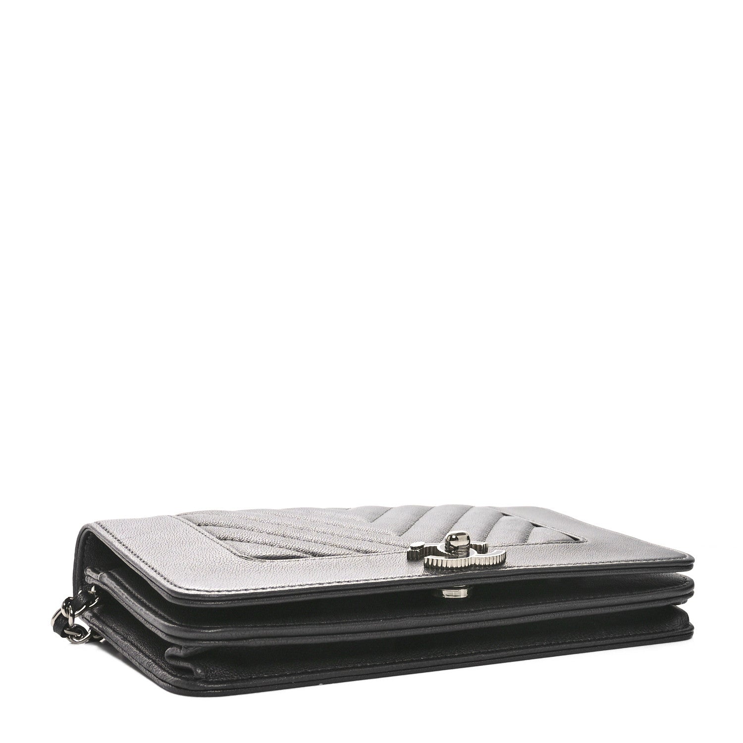 Chanel Metallic Goatskin Chevron Quilted Vintage Mademoiselle Wallet On Chain WOC Charcoal 4 of 11