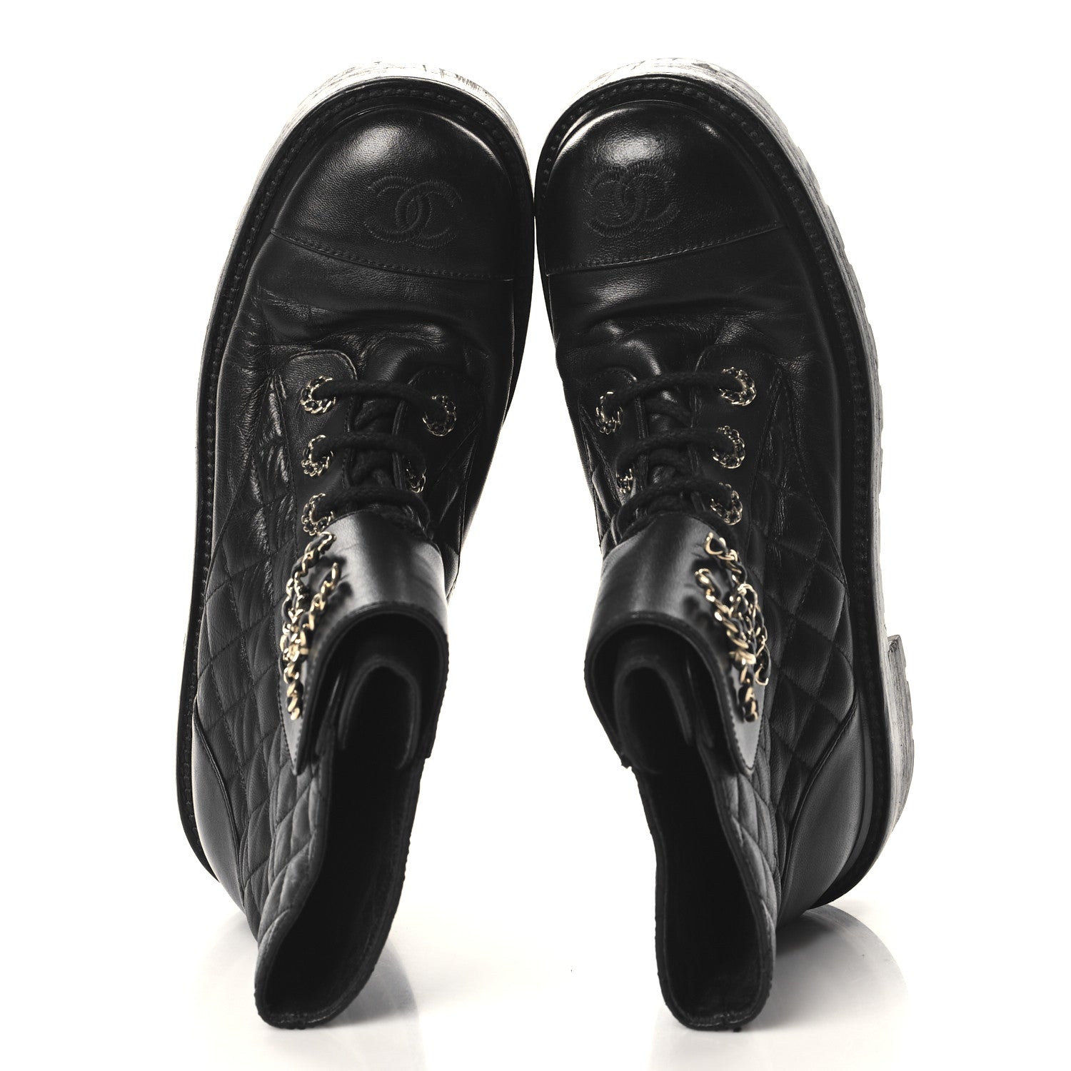 Chanel Shiny Calfskin Quilted Lace Up Combat Boots 38.5 Black 2 of 8