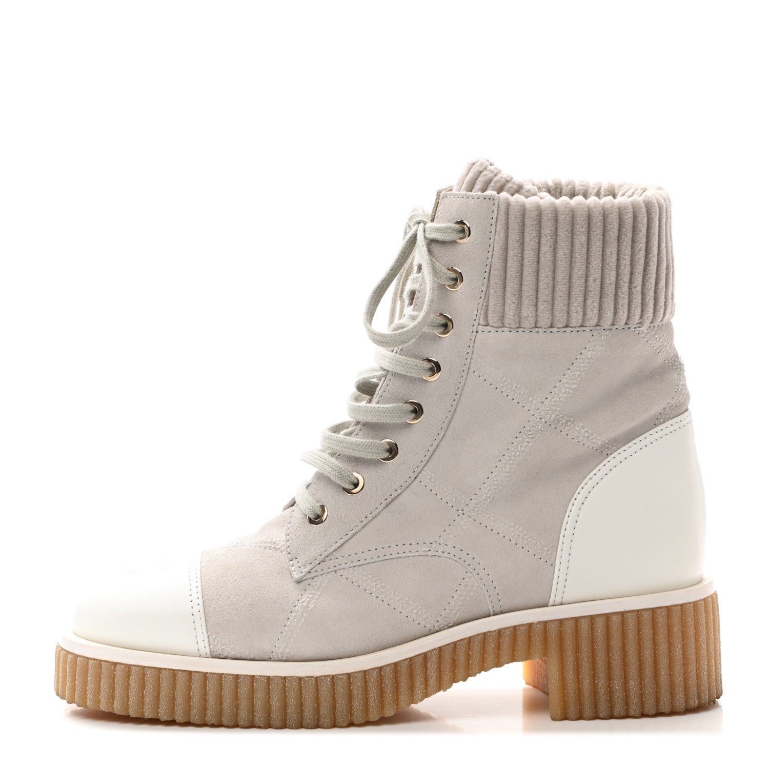 Chanel Suede Calfskin Velvet Quilted CC Combat Boots 37.5 Grey 1 of 8