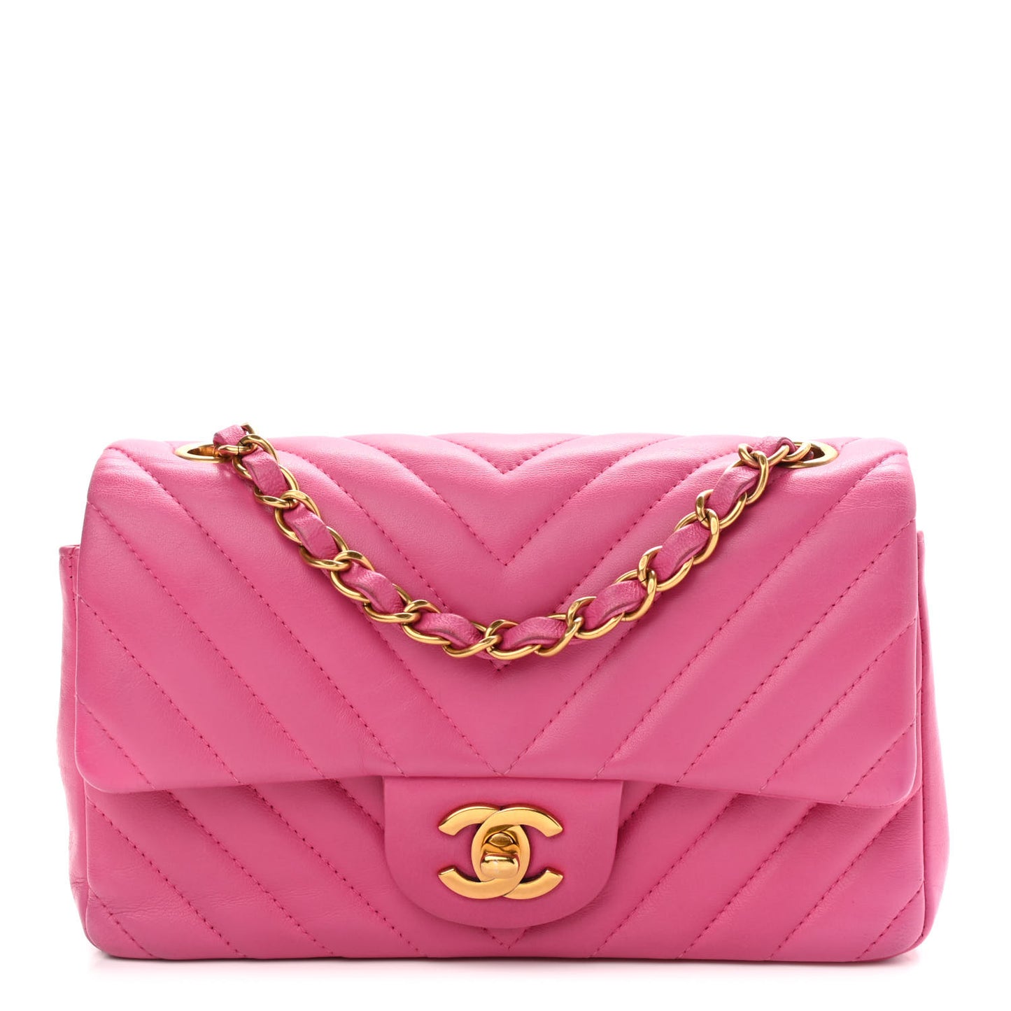 Lambskin Chevron Quilted Mini Rectangular Flap Dark Pink