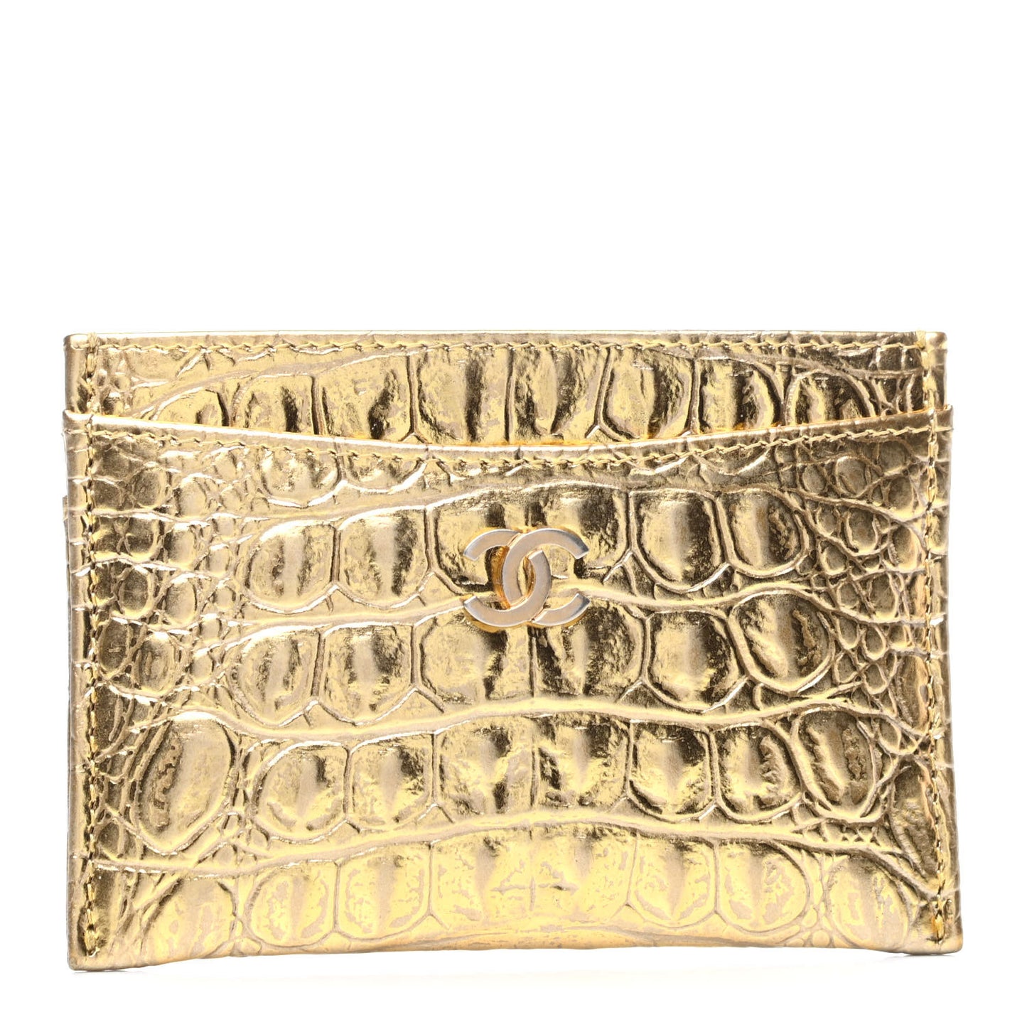 Metallic Calfskin Crocodile Embossed Cocodile Card Holder Gold