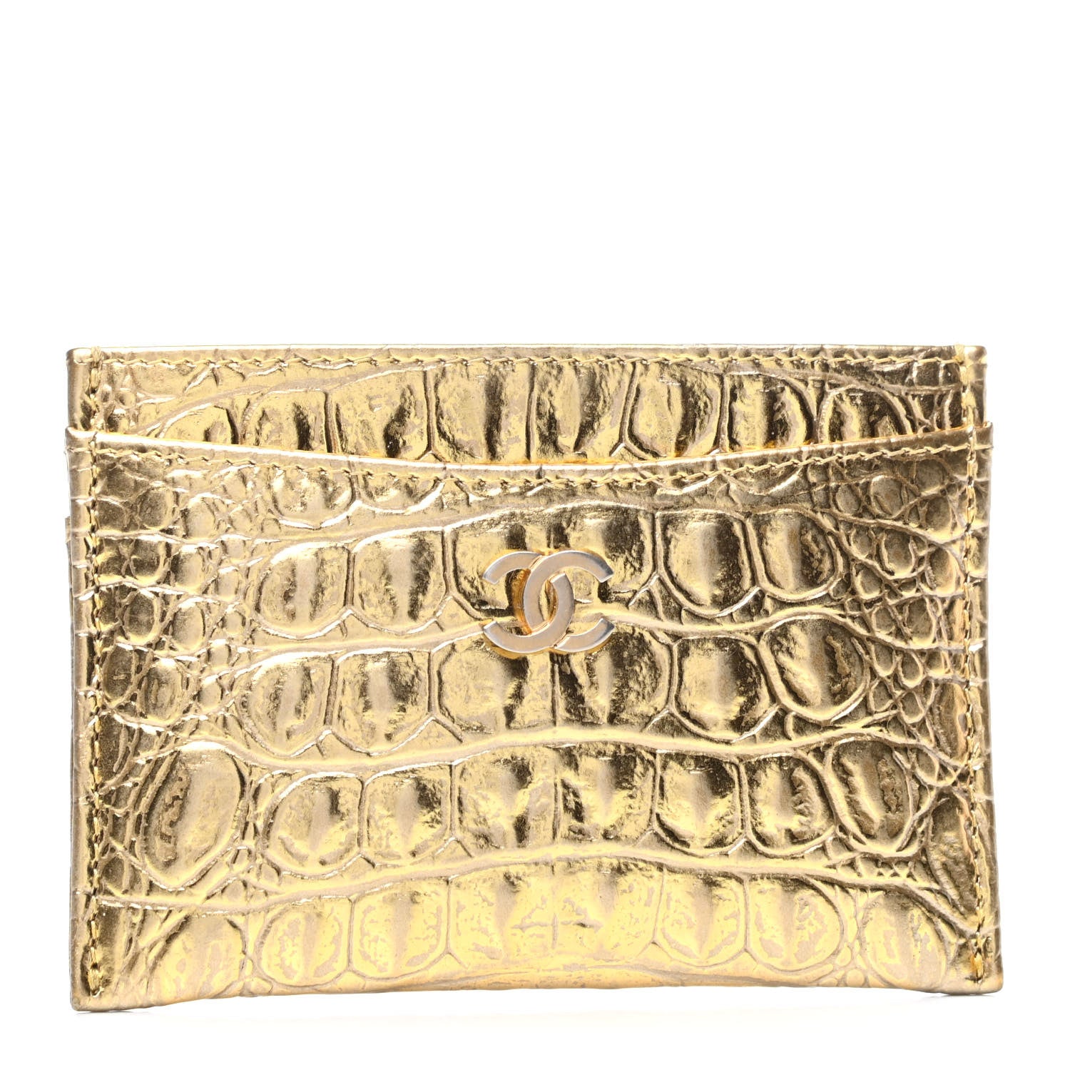 Chanel Metallic Calfskin Crocodile Embossed Cocodile Card Holder Gold 1 of 9