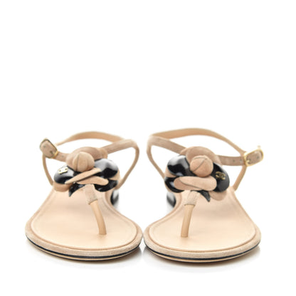 Chanel Suede Patent Calfskin Camellia Thong Sandals 37.5 Beige Black 2 of 11