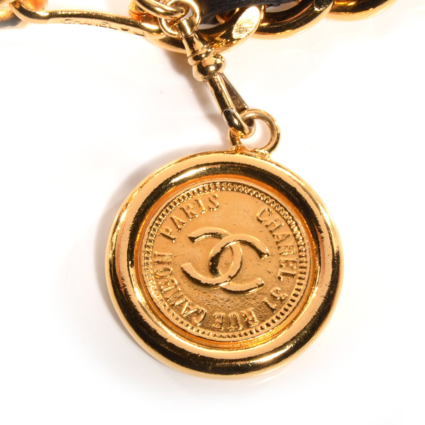 Leather Gold Chain Link Medallion Belt Black