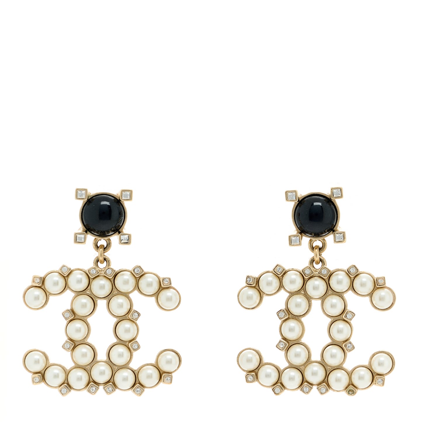 Resin Crystal Pearl CC Drop Earrings Black Gold
