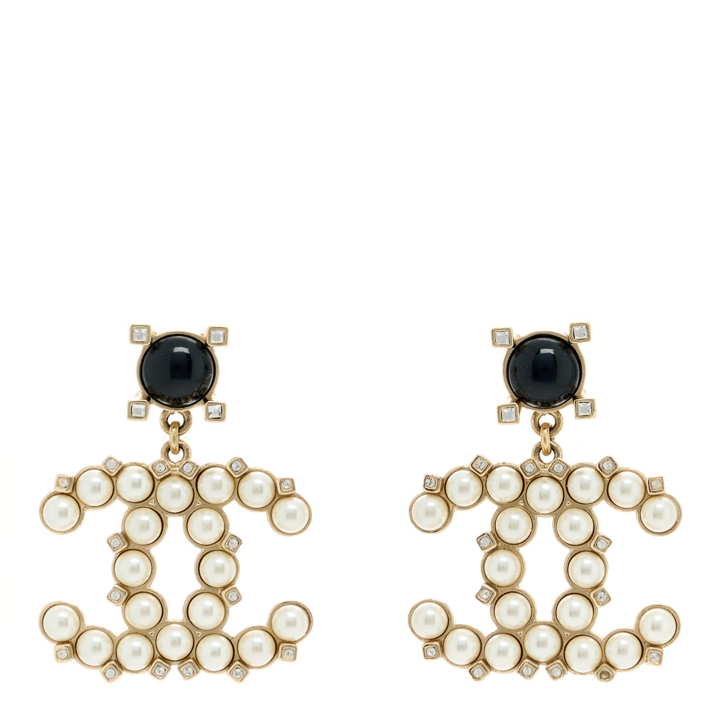 Chanel Resin Crystal Pearl CC Drop Earrings Black Gold 1 of 5